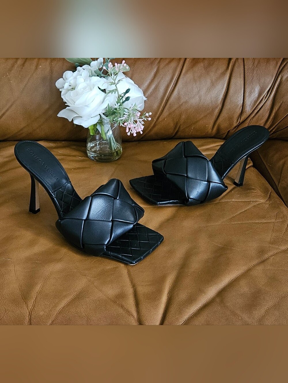Bottega Veneta Black Padded Intrecciato Square-Toe Slide-On Heels Size 5.5 US